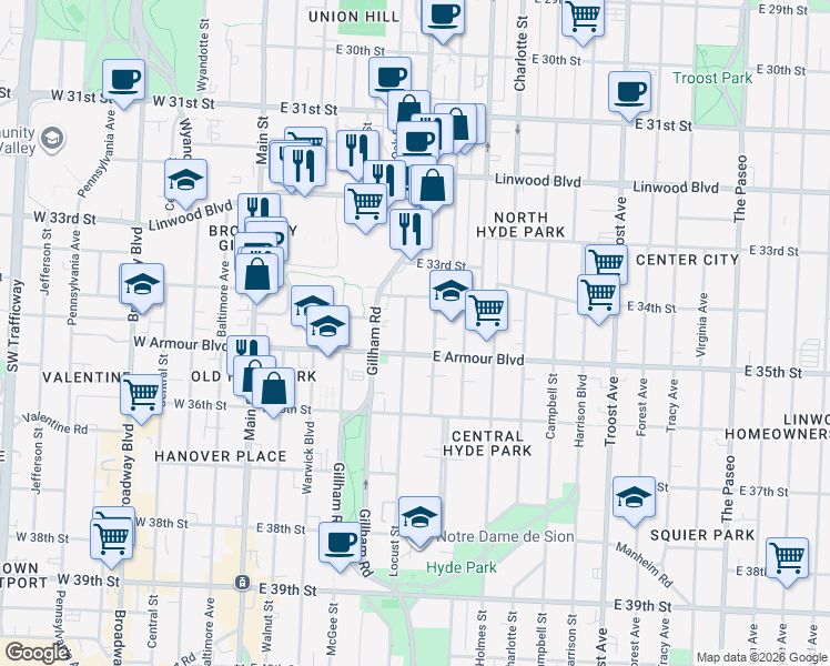 map of restaurants, bars, coffee shops, grocery stores, and more near 3419 Locust Street in Kansas City