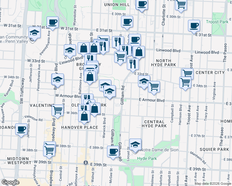 map of restaurants, bars, coffee shops, grocery stores, and more near 211 East 34th Terrace in Kansas City