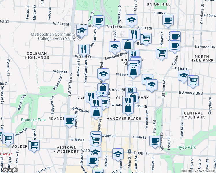 map of restaurants, bars, coffee shops, grocery stores, and more near 3435 Broadway Boulevard in Kansas City