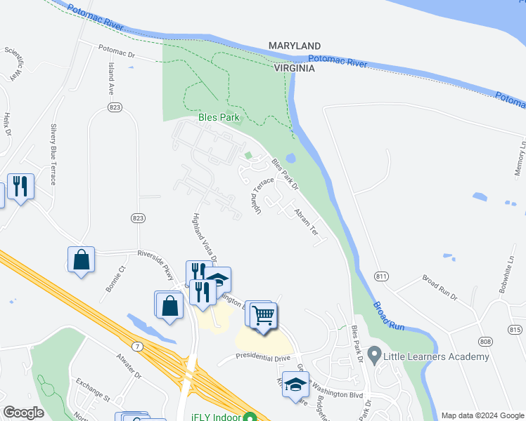map of restaurants, bars, coffee shops, grocery stores, and more near 19948 Upland Terrace in Ashburn