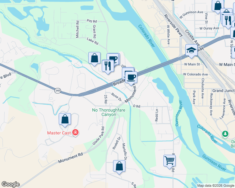 map of restaurants, bars, coffee shops, grocery stores, and more near 2504 Rose Drive in Grand Junction