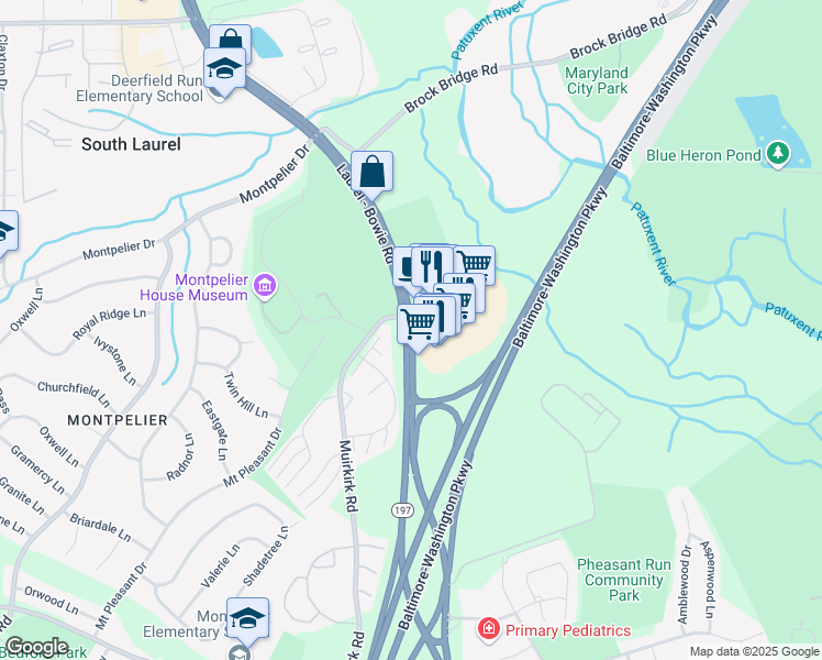 map of restaurants, bars, coffee shops, grocery stores, and more near 12675 Laurel Bowie Road in Laurel