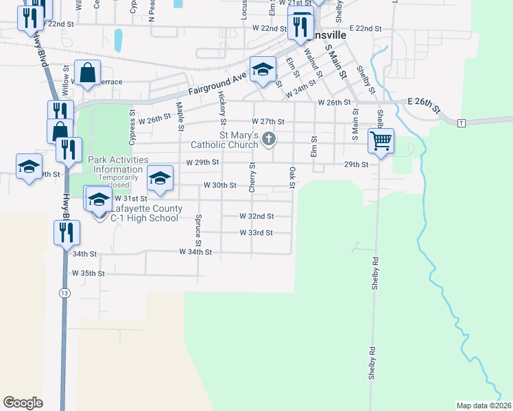 map of restaurants, bars, coffee shops, grocery stores, and more near 500 West 31st Street in Higginsville
