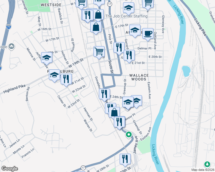 map of restaurants, bars, coffee shops, grocery stores, and more near 12 Sterrett Avenue in Covington