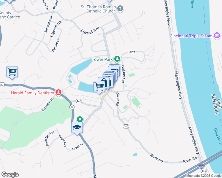 map of restaurants, bars, coffee shops, grocery stores, and more near 1041 South Fort Thomas Avenue in Fort Thomas