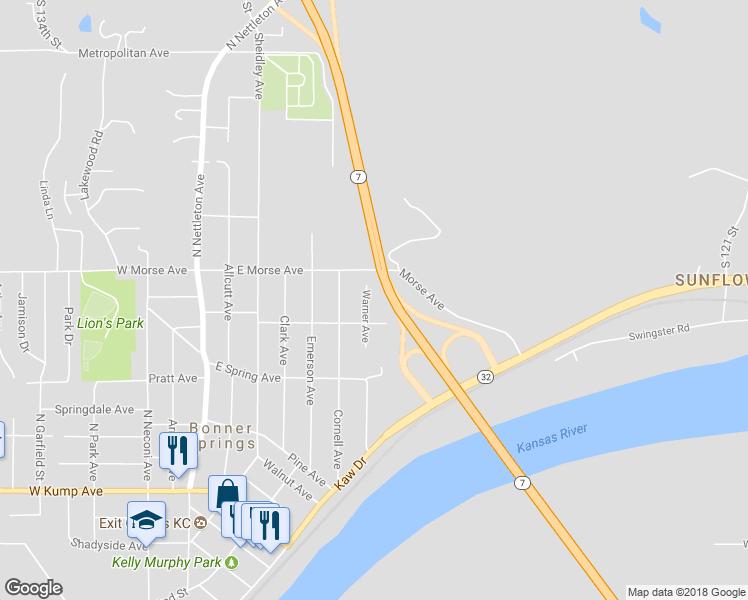 map of restaurants, bars, coffee shops, grocery stores, and more near 321 Warner Avenue in Bonner Springs