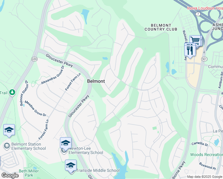map of restaurants, bars, coffee shops, grocery stores, and more near 19932 Mizner Terrace in Ashburn