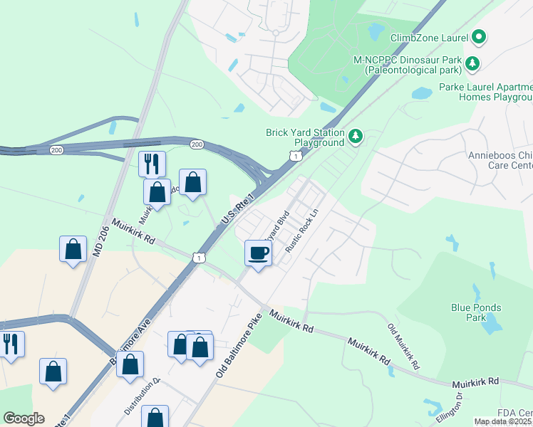 map of restaurants, bars, coffee shops, grocery stores, and more near 7174 Brick Kiln Circle in Beltsville