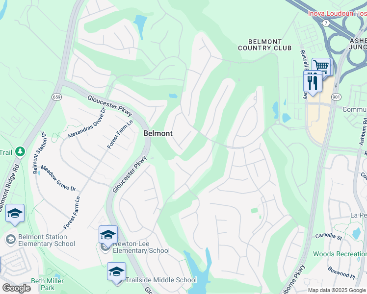 map of restaurants, bars, coffee shops, grocery stores, and more near 19932 Mizner Terrace in Ashburn