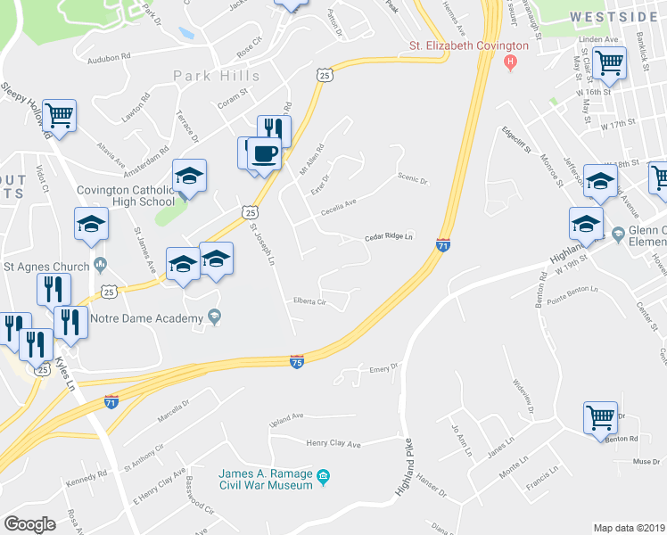 map of restaurants, bars, coffee shops, grocery stores, and more near 1208 Far Hills Drive in Park Hills