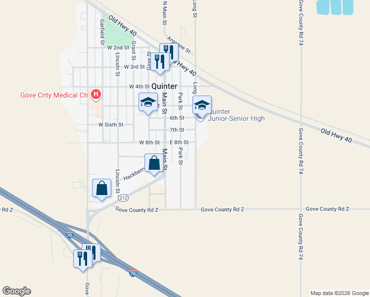 map of restaurants, bars, coffee shops, grocery stores, and more near 209-211 East 8th Street in Quinter