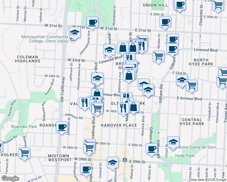 map of restaurants, bars, coffee shops, grocery stores, and more near 3424 Baltimore Avenue in Kansas City