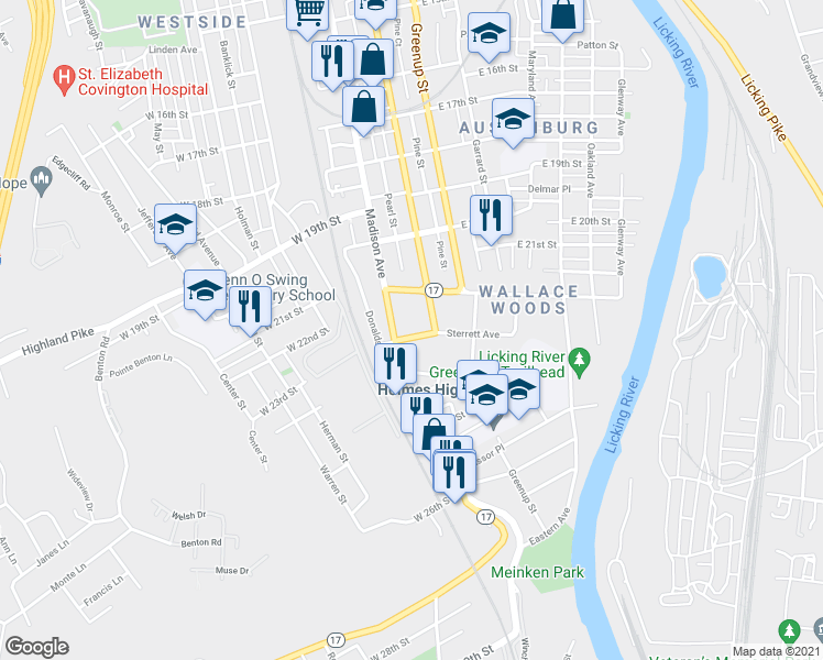 map of restaurants, bars, coffee shops, grocery stores, and more near 16 Sterrett Avenue in Covington