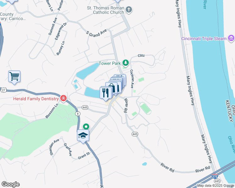 map of restaurants, bars, coffee shops, grocery stores, and more near 1041 South Fort Thomas Avenue in Fort Thomas
