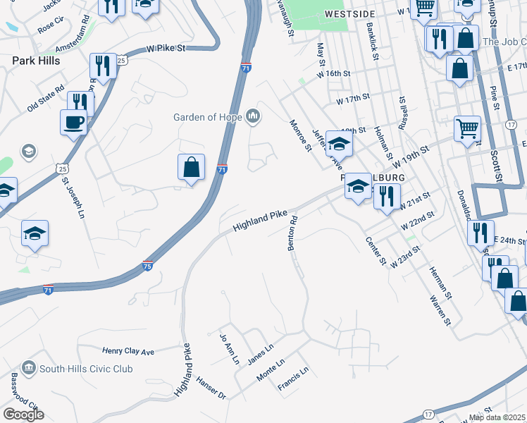 map of restaurants, bars, coffee shops, grocery stores, and more near 740 Highland Avenue in Fort Wright