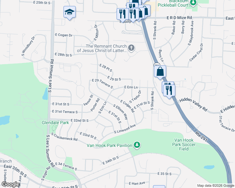 map of restaurants, bars, coffee shops, grocery stores, and more near 3018 South Kendall Drive in Independence