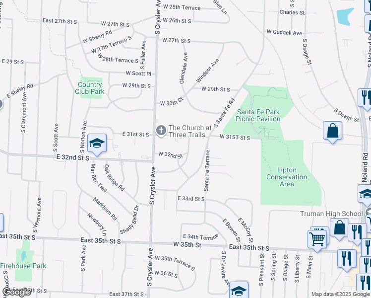 map of restaurants, bars, coffee shops, grocery stores, and more near 3109 South Beverly Road in Independence