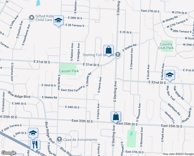 map of restaurants, bars, coffee shops, grocery stores, and more near 3117 South Sheley Road in Independence