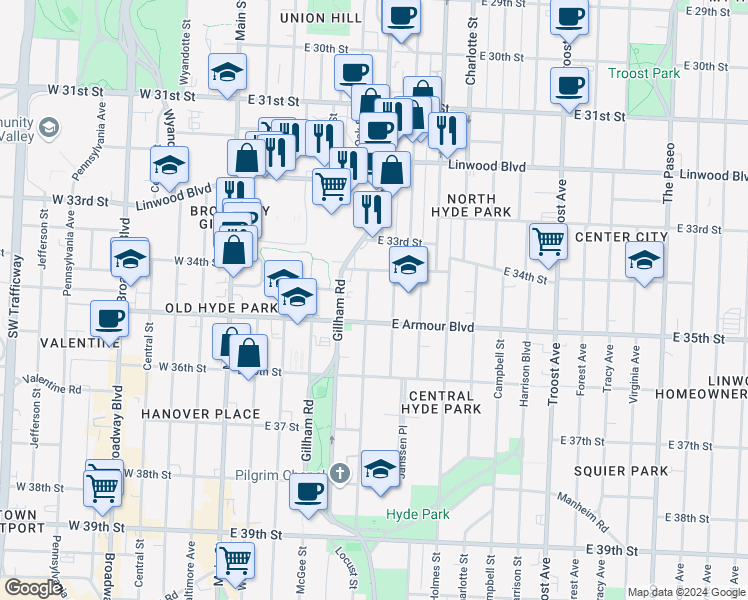 map of restaurants, bars, coffee shops, grocery stores, and more near 3419 Locust Street in Kansas City