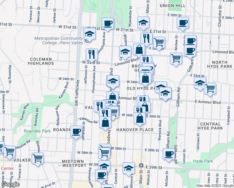 map of restaurants, bars, coffee shops, grocery stores, and more near 3435 Broadway Boulevard in Kansas City