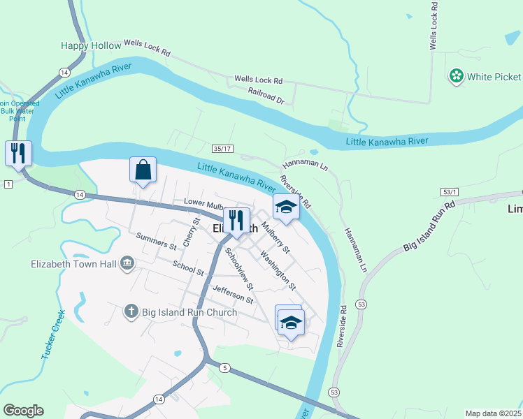 map of restaurants, bars, coffee shops, grocery stores, and more near 111 Court Street in Elizabeth