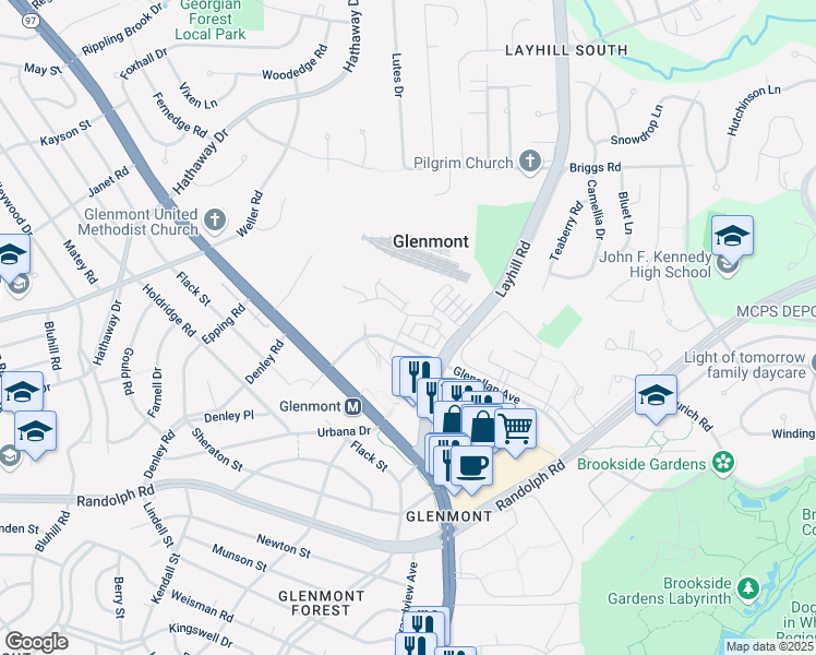map of restaurants, bars, coffee shops, grocery stores, and more near 12611 Macaulay Street in Silver Spring