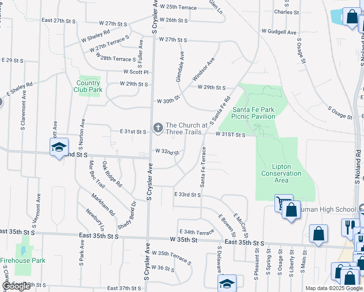 map of restaurants, bars, coffee shops, grocery stores, and more near 3109 South Beverly Road in Independence