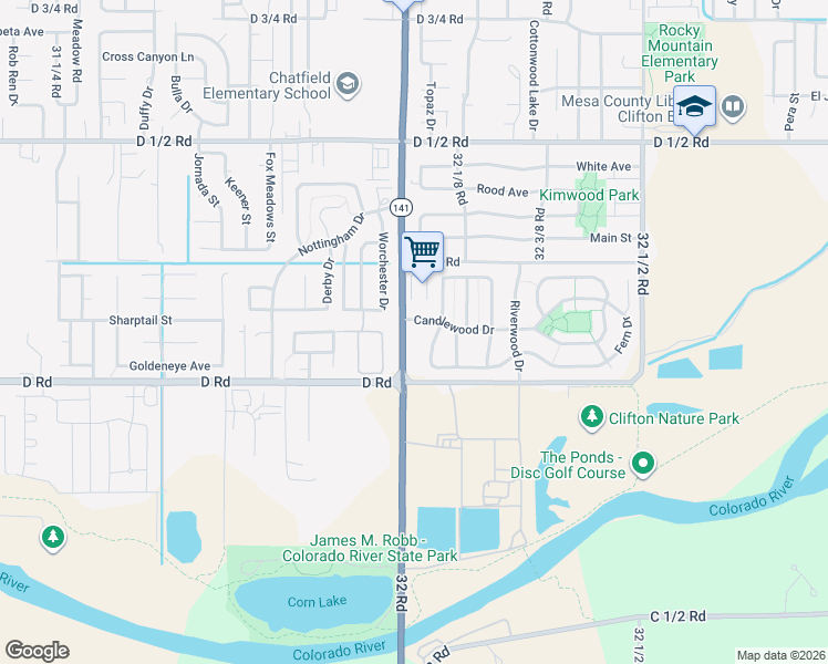 map of restaurants, bars, coffee shops, grocery stores, and more near 412 32 Road in Clifton