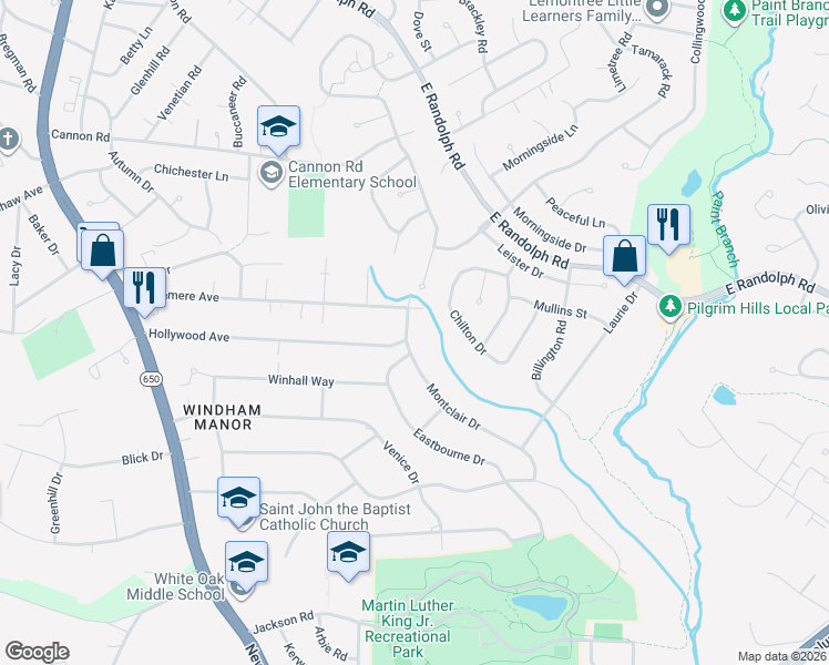 map of restaurants, bars, coffee shops, grocery stores, and more near 12701 Montclair Drive in Silver Spring