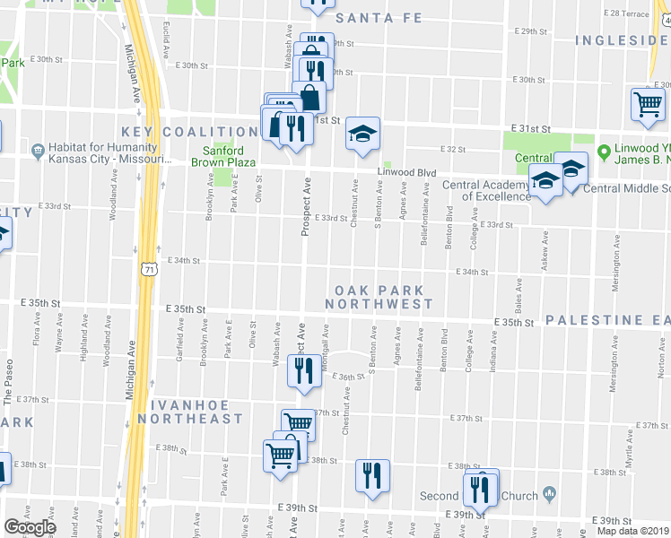 map of restaurants, bars, coffee shops, grocery stores, and more near 2651 East 34th Street in Kansas City