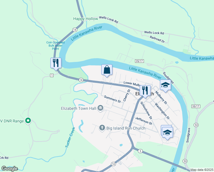 map of restaurants, bars, coffee shops, grocery stores, and more near Juliana Street in Elizabeth
