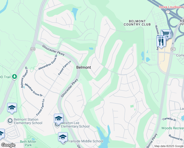 map of restaurants, bars, coffee shops, grocery stores, and more near 19905 Naples Lakes Terrace in Ashburn