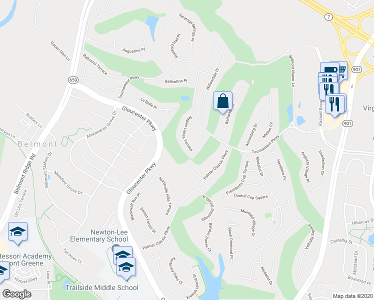 map of restaurants, bars, coffee shops, grocery stores, and more near 19905 Naples Lakes Terrace in Ashburn