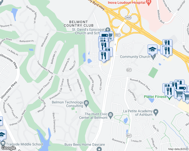 map of restaurants, bars, coffee shops, grocery stores, and more near 19917 Interlachen Circle in Ashburn