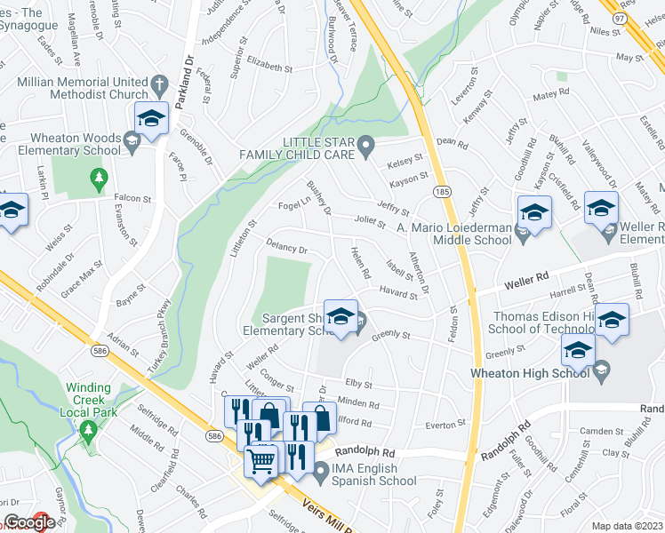 map of restaurants, bars, coffee shops, grocery stores, and more near 12721 Barbara Road in Silver Spring