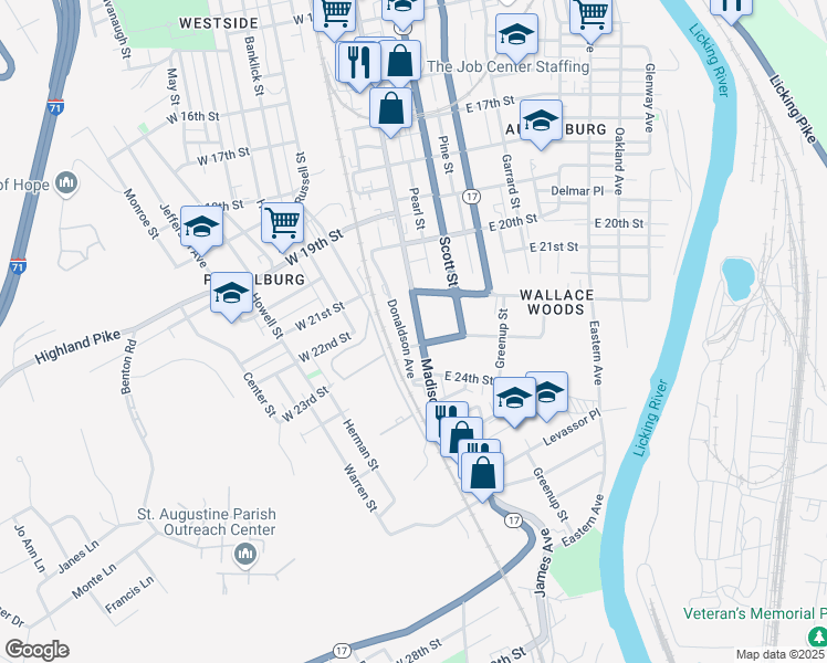 map of restaurants, bars, coffee shops, grocery stores, and more near 2235 Madison Avenue in Covington