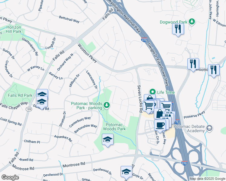 map of restaurants, bars, coffee shops, grocery stores, and more near 2 Scotch Mist Court in Rockville