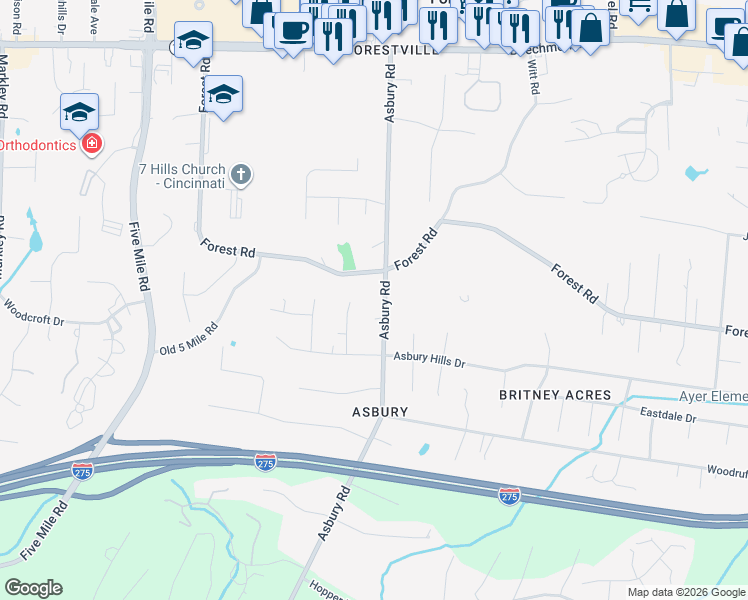 map of restaurants, bars, coffee shops, grocery stores, and more near 891 Asbury Road in Cincinnati
