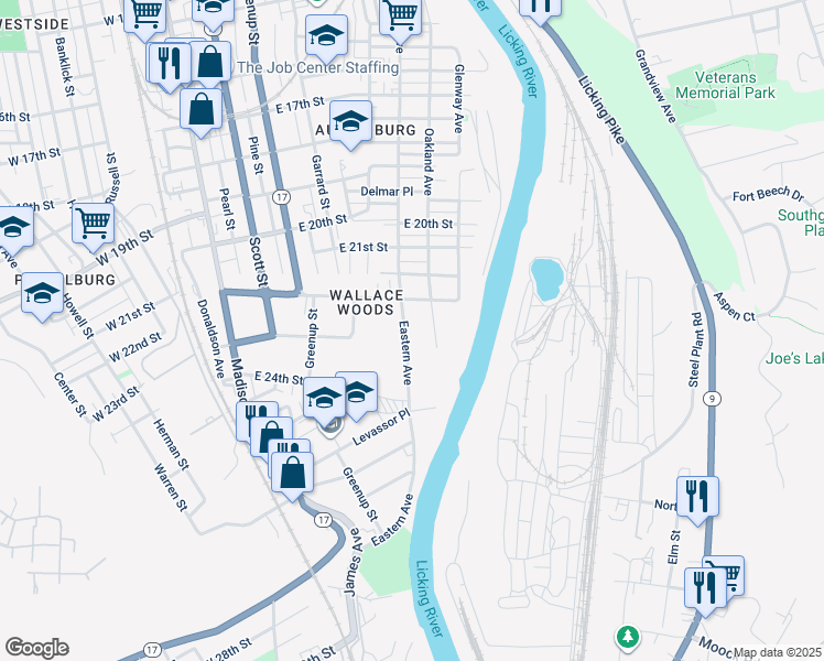 map of restaurants, bars, coffee shops, grocery stores, and more near 2216 Eastern Avenue in Covington