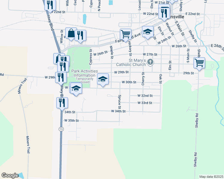 map of restaurants, bars, coffee shops, grocery stores, and more near West 31st Street in Higginsville