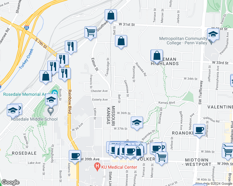 map of restaurants, bars, coffee shops, grocery stores, and more near 1735 West 35th Street in Kansas City