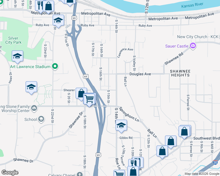 map of restaurants, bars, coffee shops, grocery stores, and more near 1418 Shearer Road in Kansas City