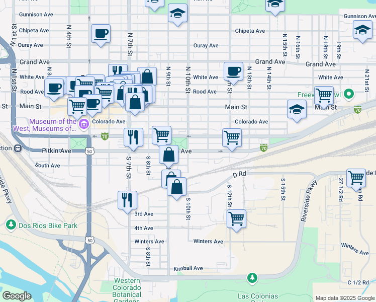 map of restaurants, bars, coffee shops, grocery stores, and more near Pitkin Avenue in Grand Junction