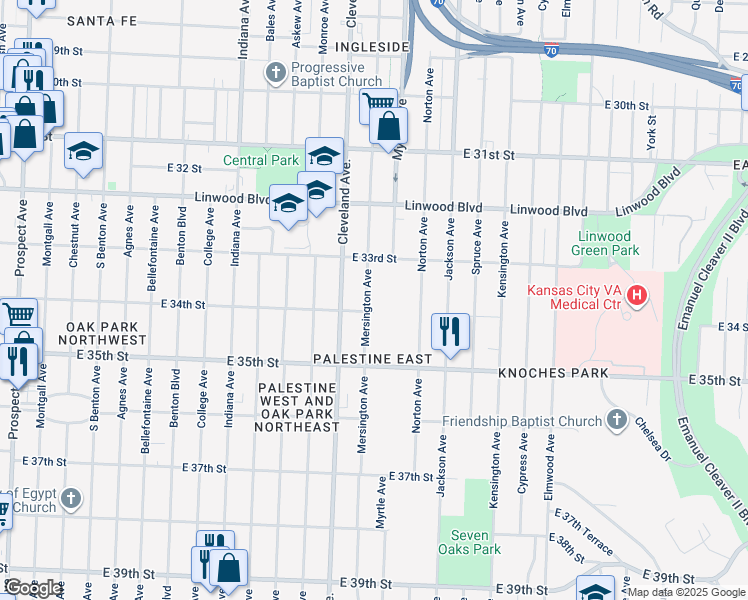map of restaurants, bars, coffee shops, grocery stores, and more near 3329 Mersington Avenue in Kansas City