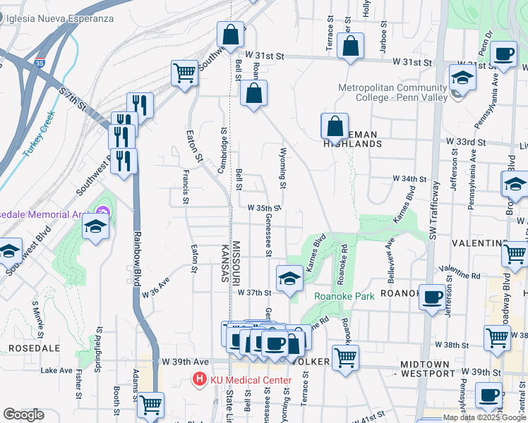map of restaurants, bars, coffee shops, grocery stores, and more near 3500 Genessee Street in Kansas City