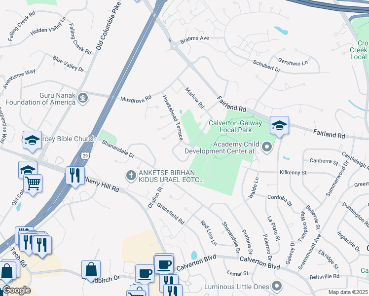 map of restaurants, bars, coffee shops, grocery stores, and more near 2604 Deer Ridge Drive in Silver Spring