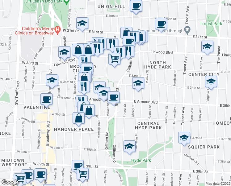 map of restaurants, bars, coffee shops, grocery stores, and more near 3430 Gillham Road in Kansas City