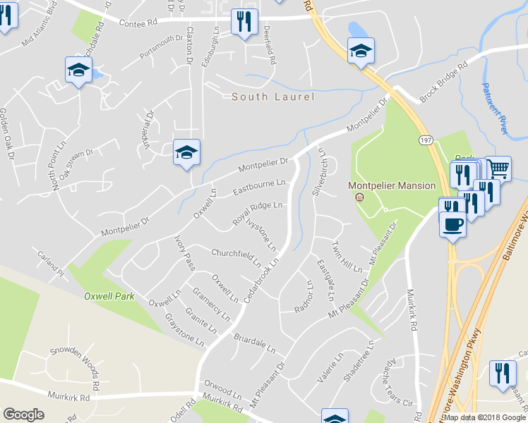 map of restaurants, bars, coffee shops, grocery stores, and more near 8907 Royal Ridge Lane in Laurel