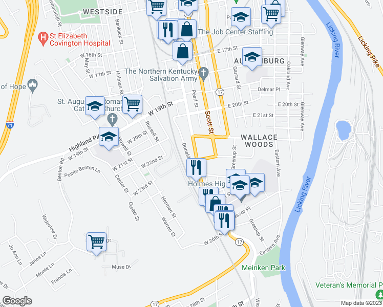 map of restaurants, bars, coffee shops, grocery stores, and more near 2231 Madison Avenue in Covington