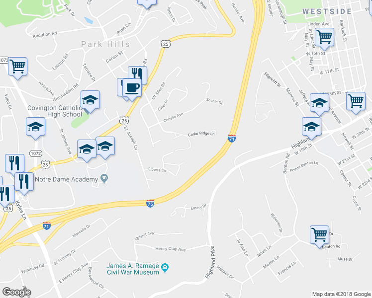 map of restaurants, bars, coffee shops, grocery stores, and more near 1198 Far Hills Drive in Park Hills